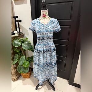 Expressions Blue and White Floral Tiered Midi Dress